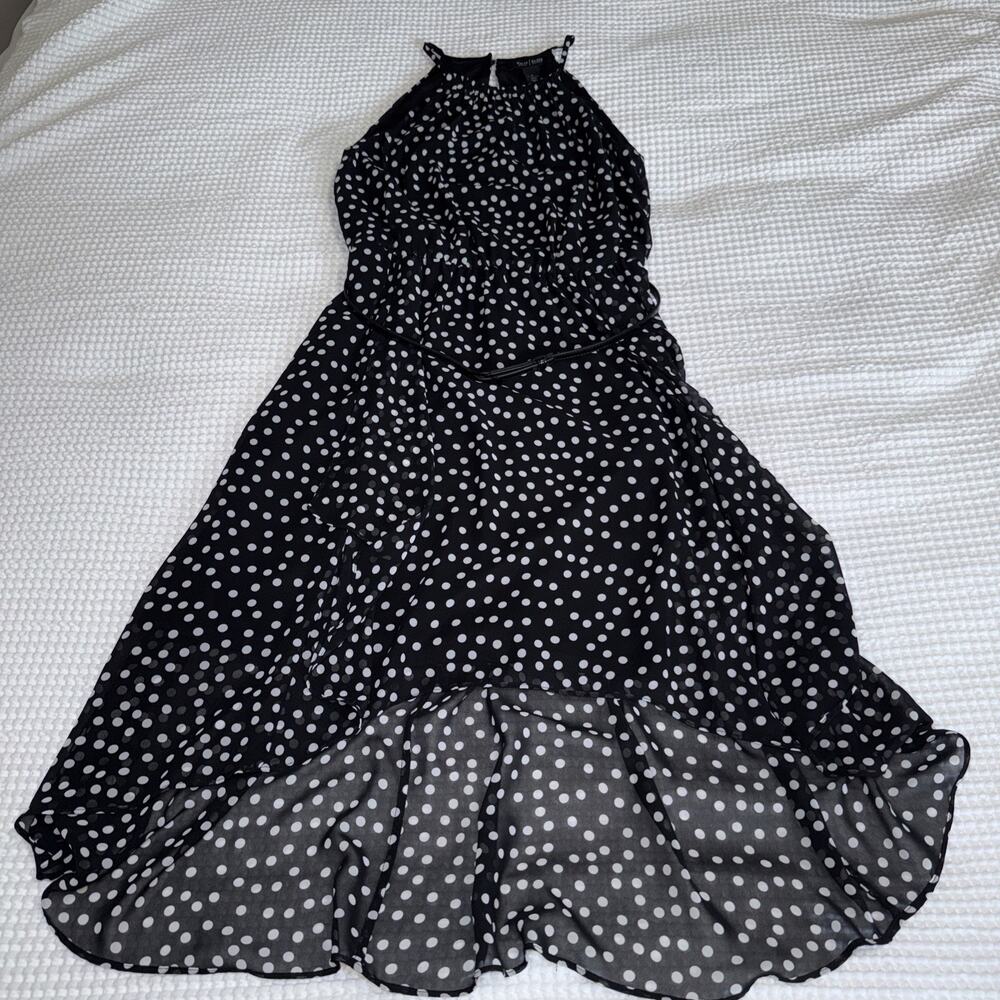 White House Black Market Black/White Polka Dot Dress Belted Sleeveless Flowy 8